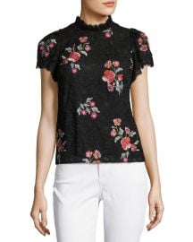 Rebecca Taylor Short-Sleeve Floral-Embroidered Lace Top at Neiman Marcus